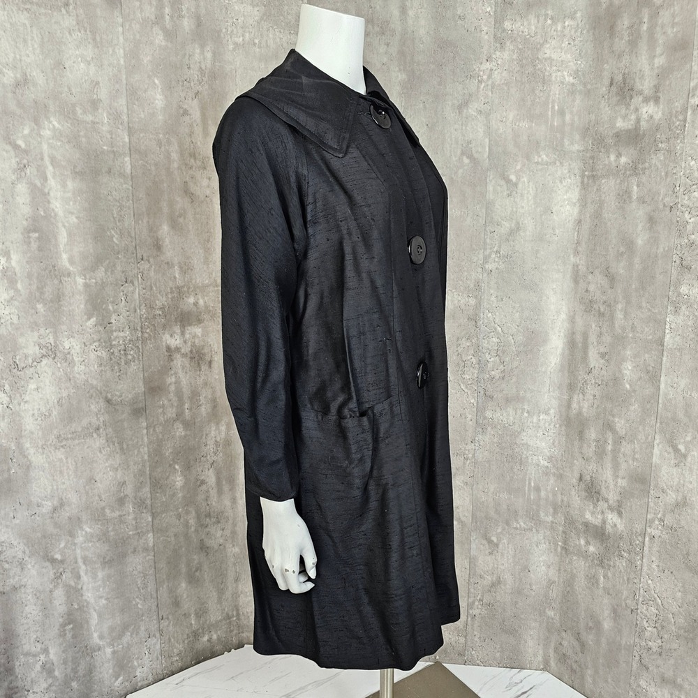 Vintage 50s 60s Black Raw Silk Coat Wide Collar Oversized Buttons ILGWU - Picture 6 of 13